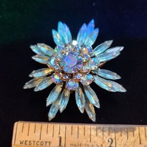 Judy Lee Aqua Blue Navette and AB Crystal Flower Brooch Pin